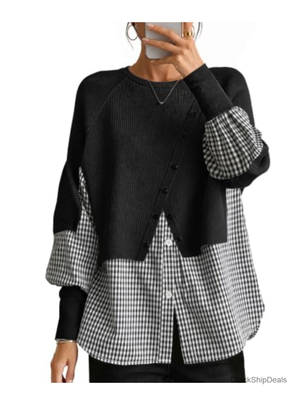 Women's Knit Tunic Top Layered Patchwork Long Sleeve Teacher Sweater